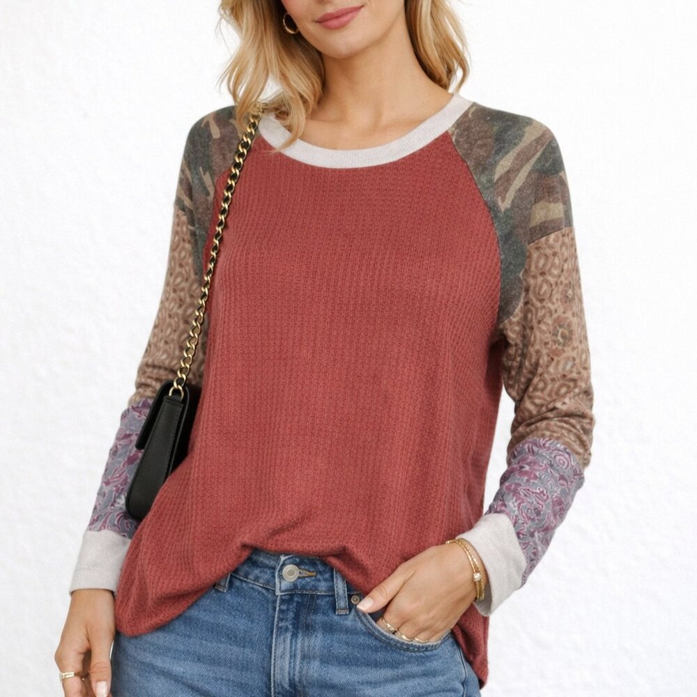 7th Ray Boho Rust Waffle Knit Top L Long Sleeve T-Shirt Paisley Camo Patchwork